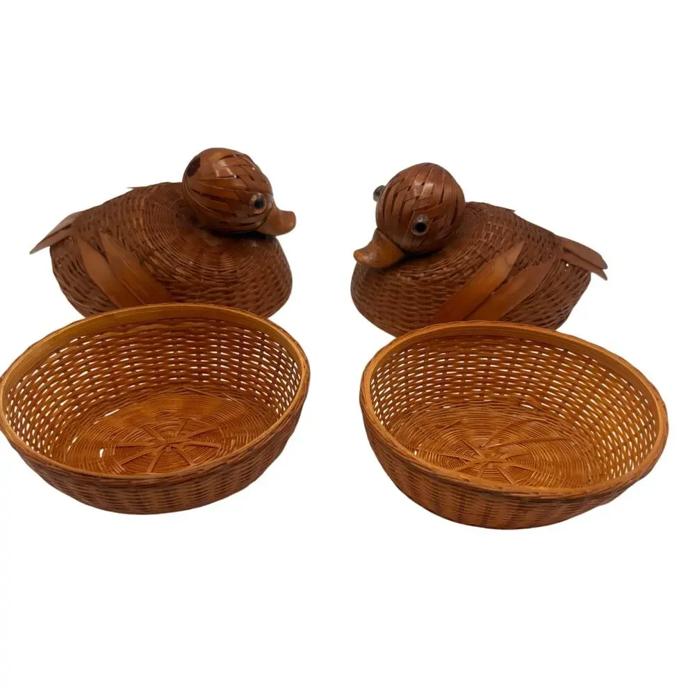 Bamboo Duck Basket Set of 2 Chekiang Chenghsien Woven Mid Century Boho Quirky